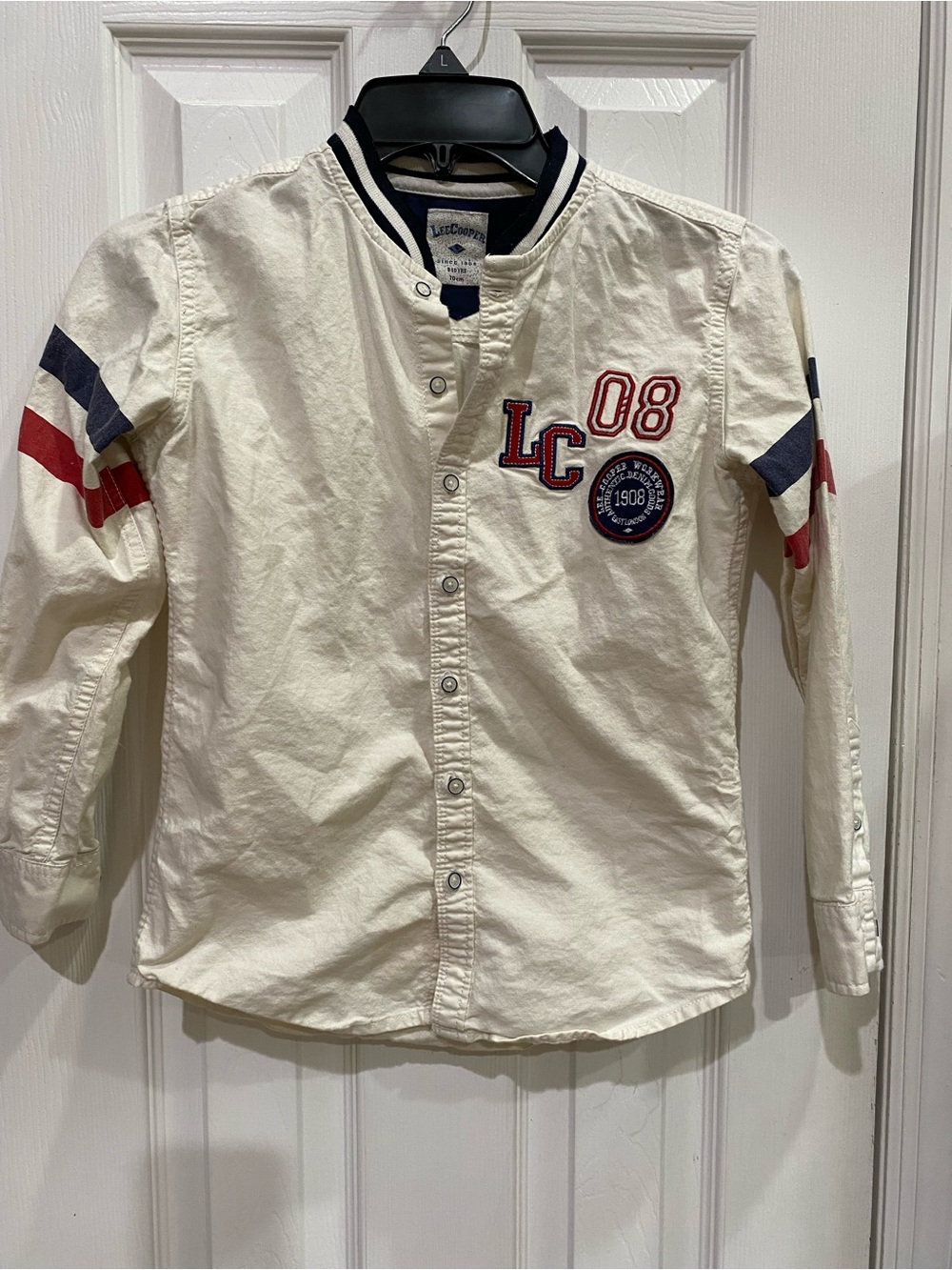 LC Button-Down Shirt in Cream with Red & Navy Accents